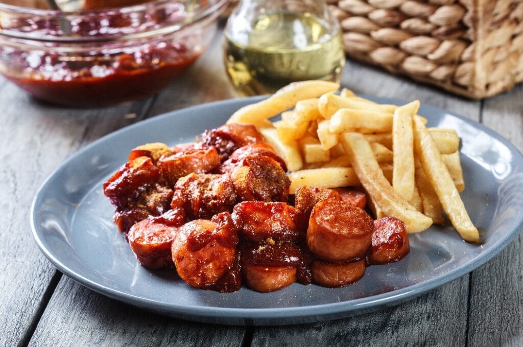 Traditionelle deutsche Currywurst - Wurststücke mit Currysauce